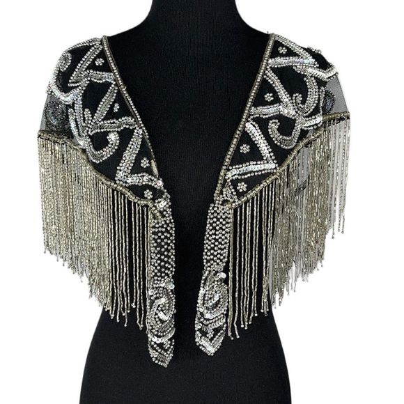Made in India Jackets & Blazers - Vintage Silver Beaded Sequin Caplet Shawl Made in India Sparkle Evening …